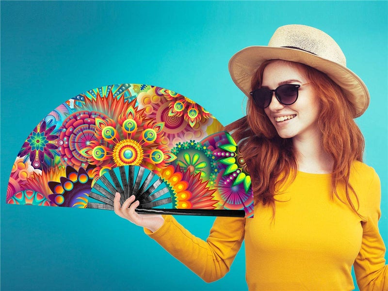 Zolee Large Rave Folding Hand Fan with Bamboo Ribs for Men/Women - Chinese Japanese Handheld Fan with Fabric Case - for Dance Music Festival Party, Performance, Decorations, Gift (Sun Flower) - Image 2